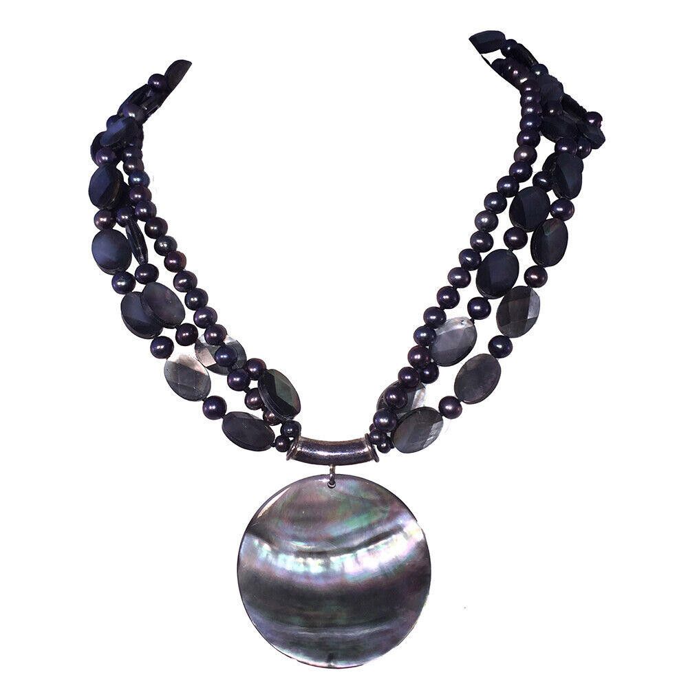 Designer Grey Pearl Strand Sterling Necklace with Abalone Shell Disc Size ONE SIZE - 1 Thumbnail