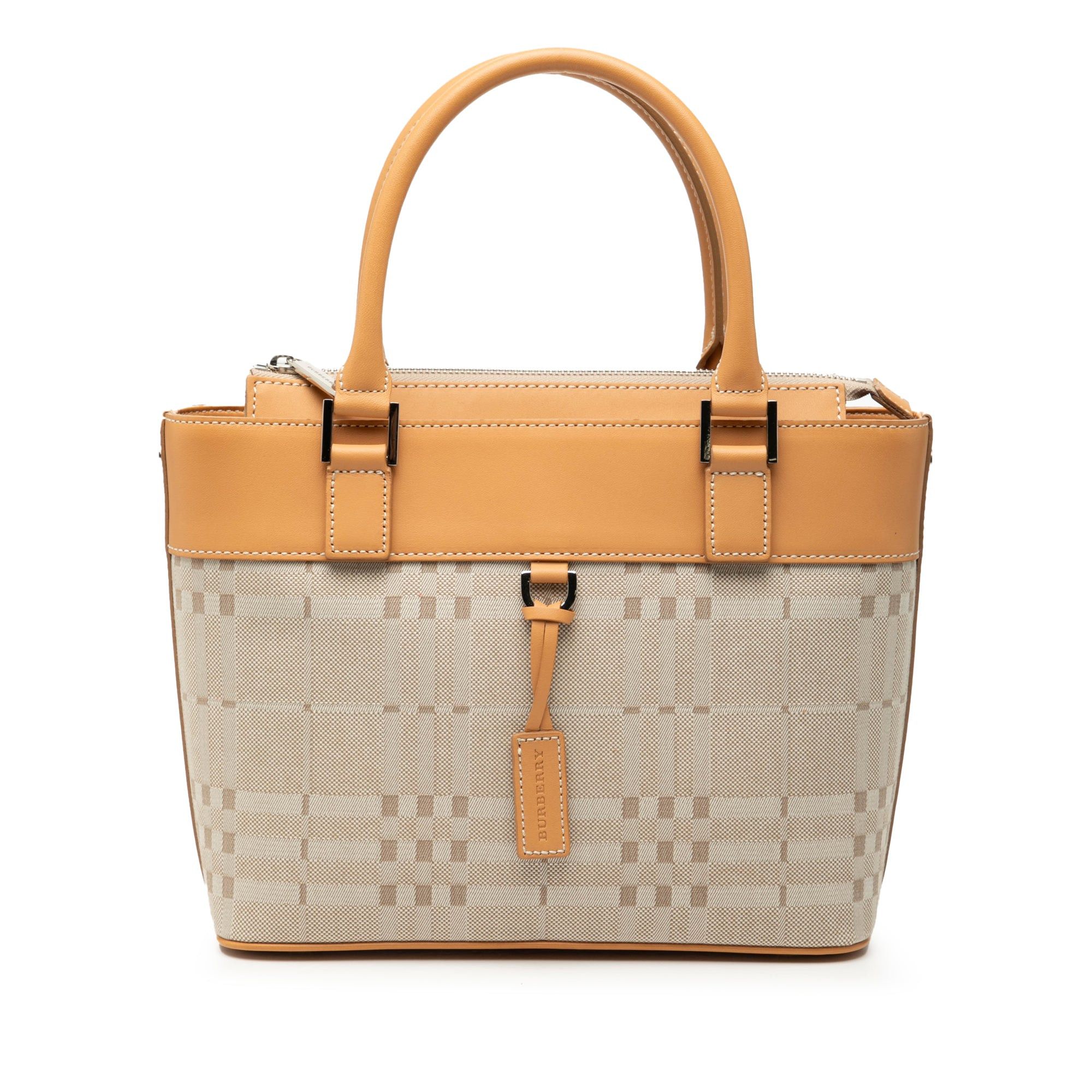 Leather Trimmed Tonal Check Canvas Handbag