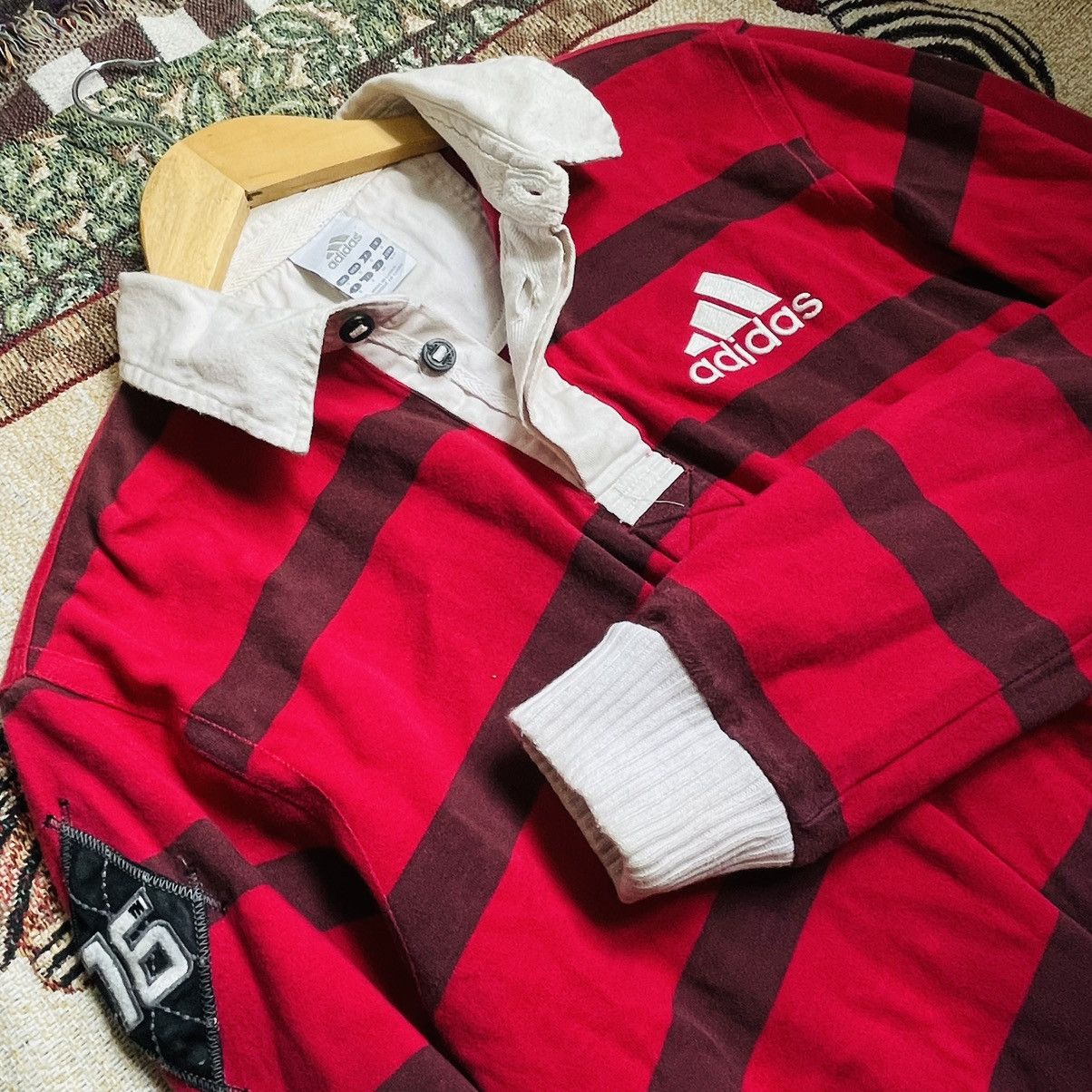 image of Vintage Adidas Horizontal Striped Polo Shirt in Red, Men's (Size Small)