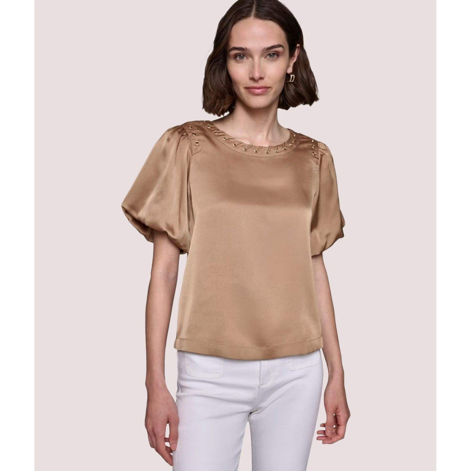 Karl Lagerfeld Karl Lagerfeld Womens Shimmer Embellished Tunic Blouse medbrown XS Size XS / US 0-2 / IT 36-38 - 1 Thumbnail