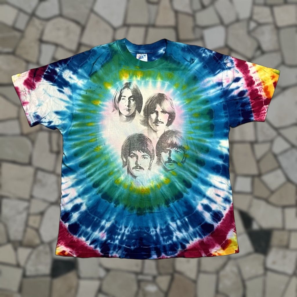 VINTAGE Beatles Tie Dye Single Stitch Band Tee Shirt XL Multicolor 90s Mens T-Shirt Hanes Beefy T