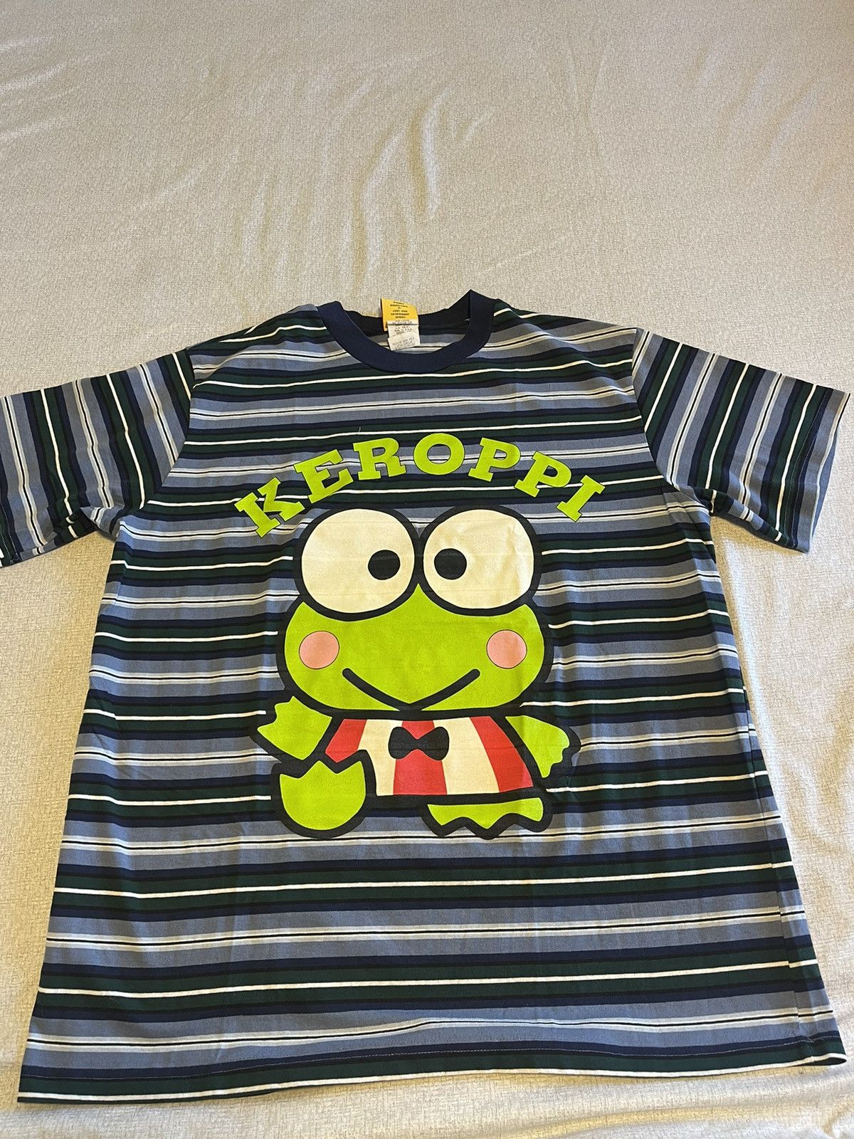 image of Keroppi Size XL Striped Ringer T-Shirt 1996 Sanrio in Blue, Men's