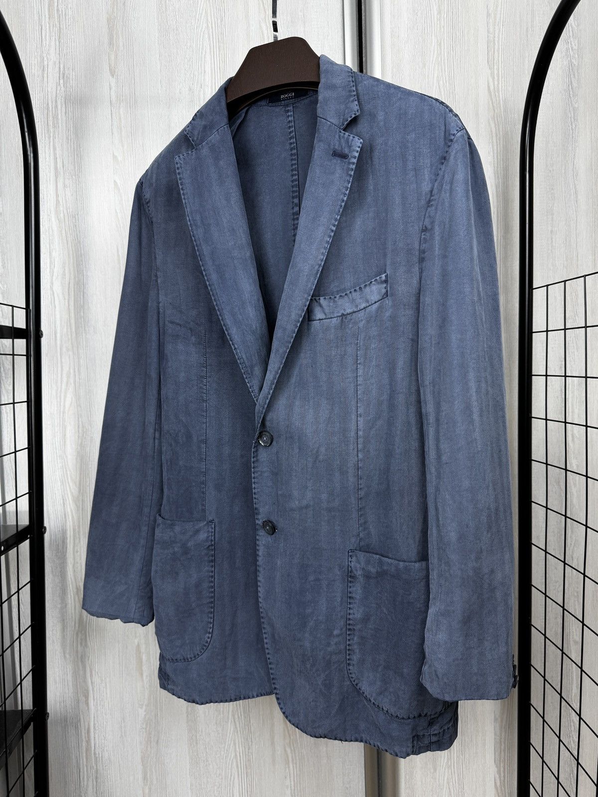 Boggi Boggi Milano blue striped stone washed linen blend blazer Size 42R - 6 Thumbnail