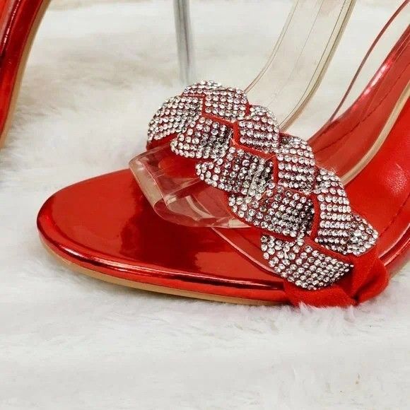 Other Eva Red Metallic Braided Rhinestone Stiletto Heel Wrap Strap Size US 8.5 / IT 38.5 - 3 Thumbnail