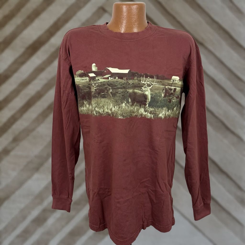 Etro Sun River Clothing Co. Shirt Mens Medium Red Ochre Brown Long Sleeve T-shirt Farming Retro Outdoor Nature Size US M / EU 48-50 / 2 - 1 Thumbnail