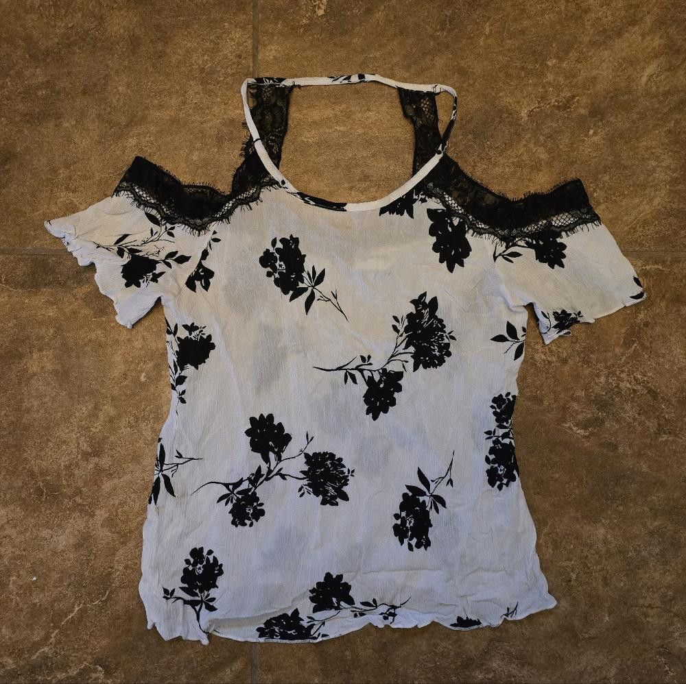 Designer White Black Floral SR Open Short Sleeve Size S / US 4 / IT 40 - 1 Thumbnail