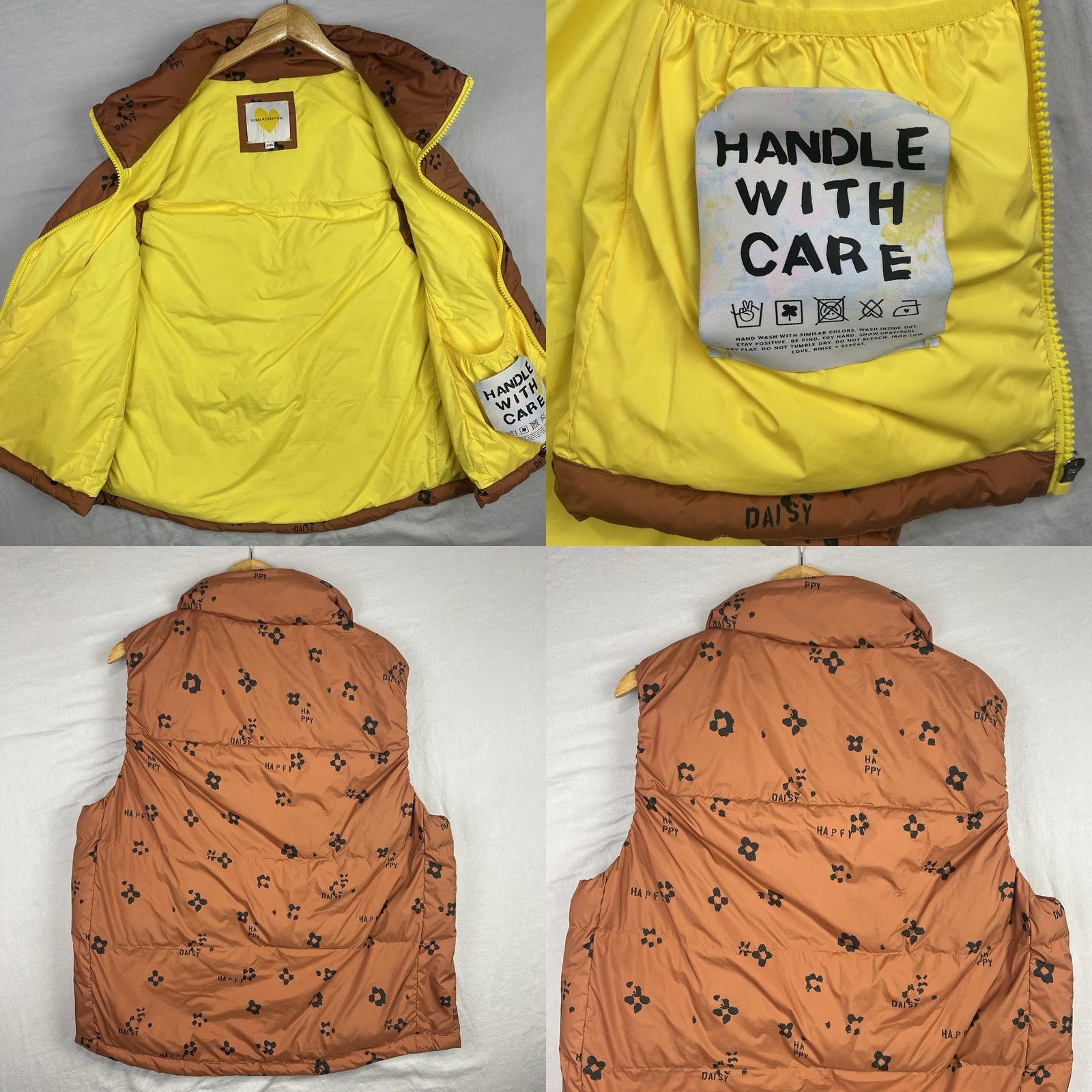 Vintage Kerri Rosenthal Vest Womens Large XL Brown Yellow Happy Daisy Puffer Full Zip Size XL / US 12-14 / IT 48-50 - 8 Thumbnail