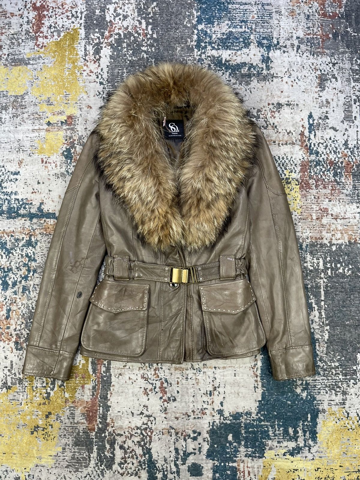 If Six Was Nine Sinéquanone Sheepskin Racoon Fur Belted Leather Jacket Size XS / US 0-2 / IT 36-38 - 1 Thumbnail