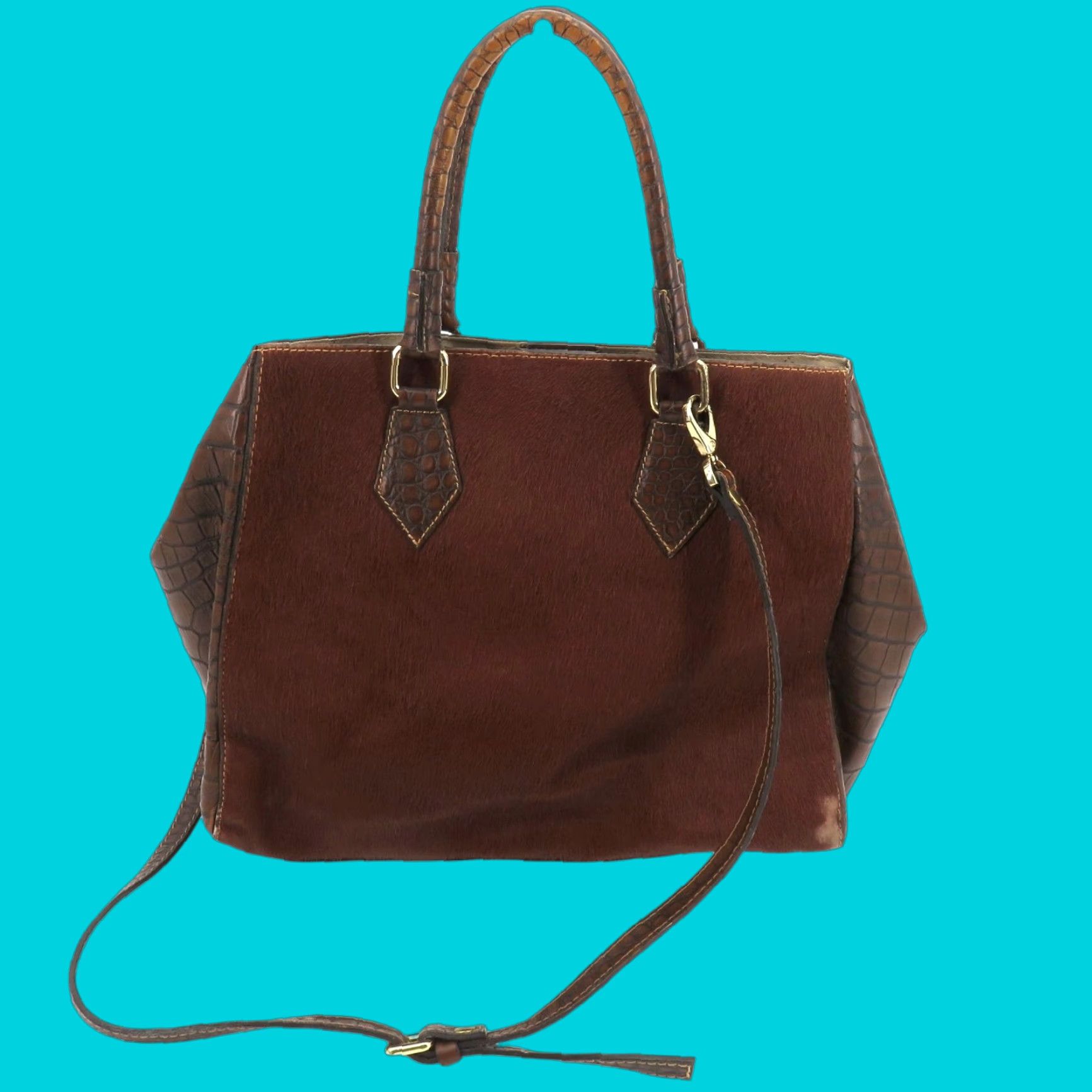 A Bellucci Shoulder Bag Leather Brown Croco Animal Hair Handbag Tote Purse Italy Women's Vintage No