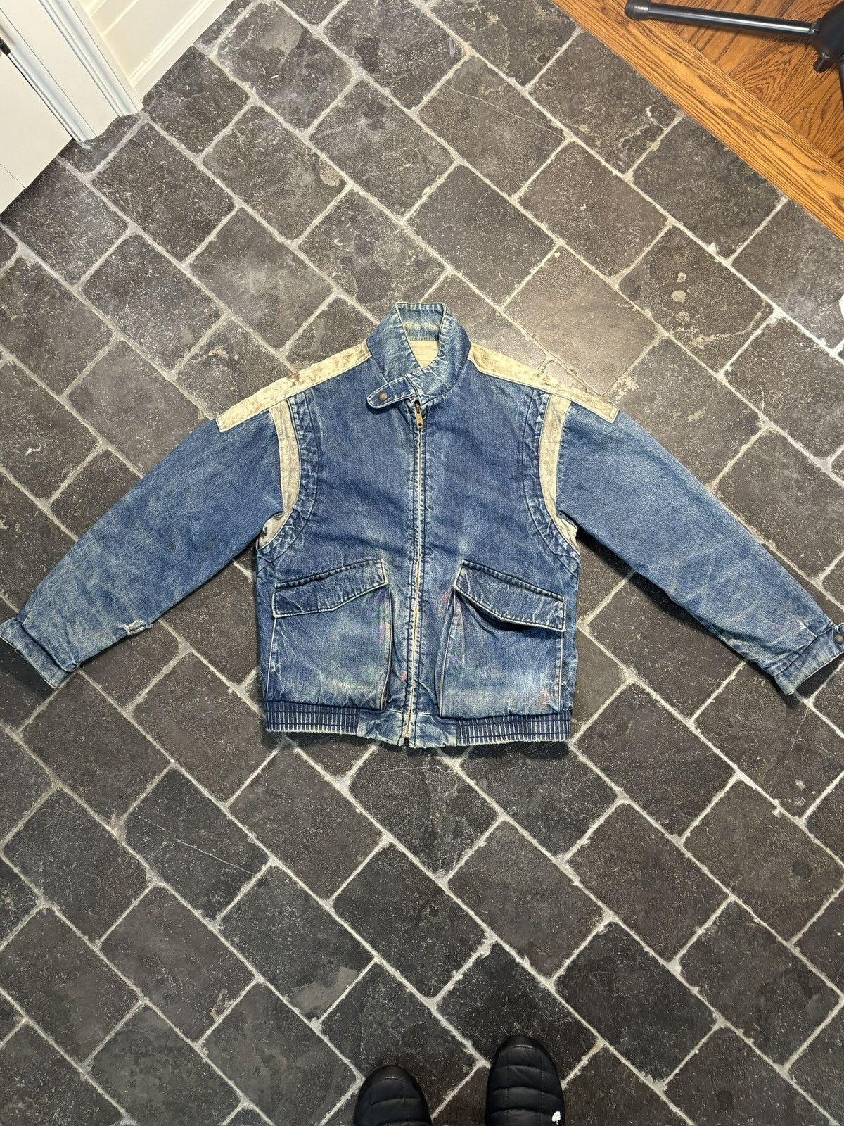 Vintage 1980s Denim Bomber Jacket Vintage Stone Wash Teddy Slimane Size US M / EU 48-50 / 2 - 14 Thumbnail