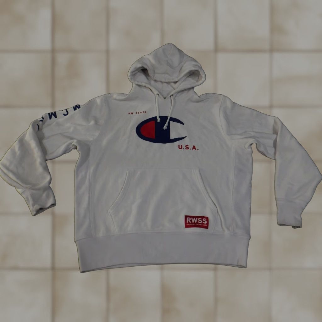 Champion VINTAGE Champion Hoodie Mens Large White Reverse Weave USA Red Blue Logo RWSS Pullover Size US L / EU 52-54 / 3 - 1 Thumbnail