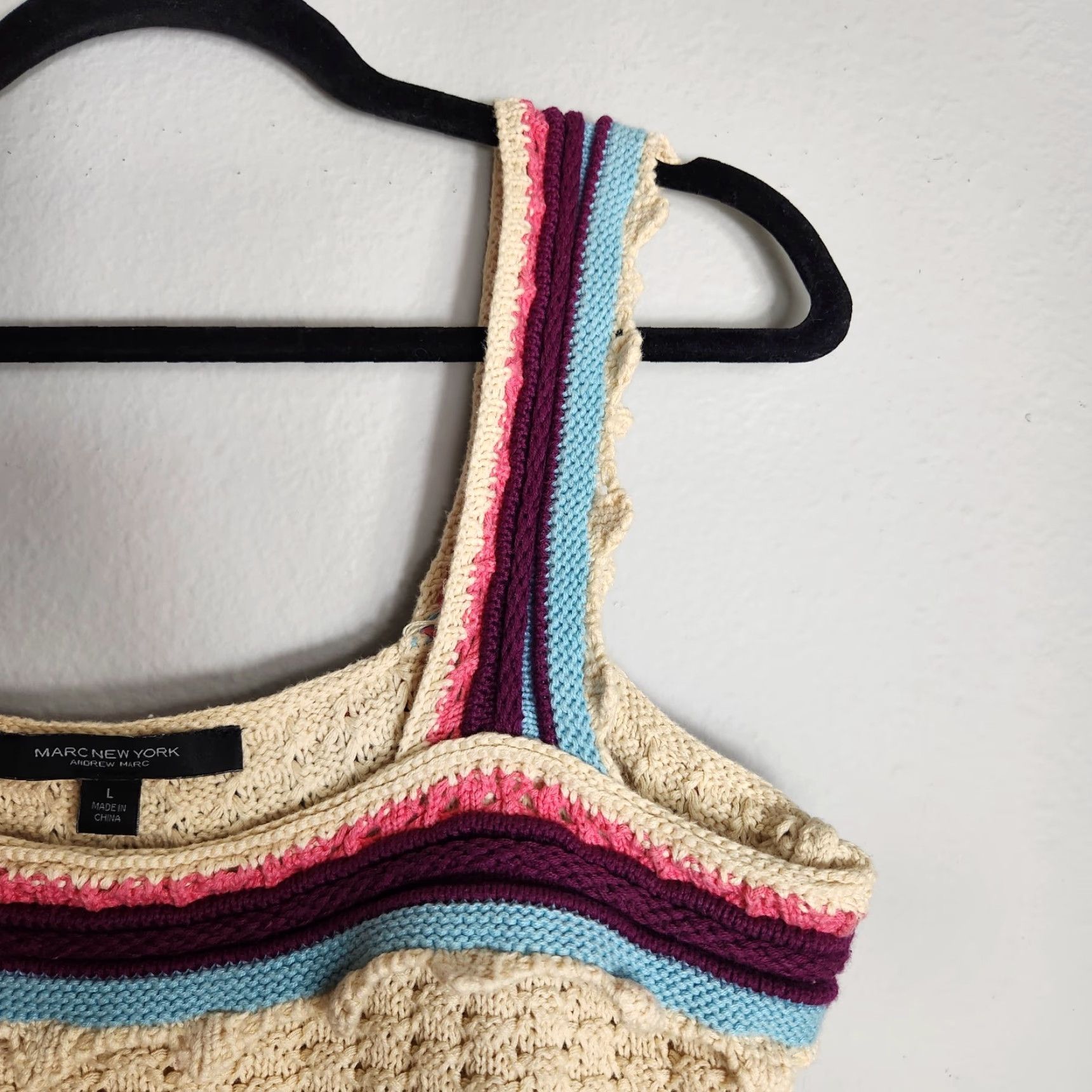 Vintage Marc New York Womens Tank Top-Size L Beige Cropped Boho Crochet Striped 70s Hippie Festival Womens Size L / US 10 / IT 46 - 3 Thumbnail