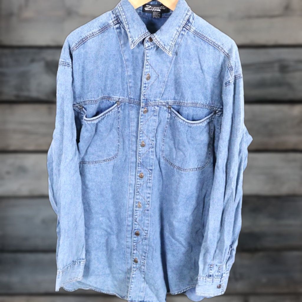Denime VINTAGE Zeppelin Denim Work Shirt Mens 2XL Blue Metal Buttons Workwear Grunge VTG Shirt Size US XXL / EU 58 / 5 - 1 Thumbnail