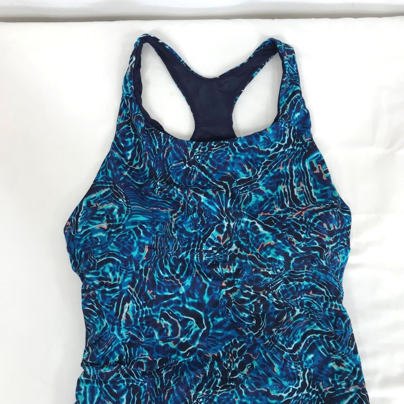 Vintage TYR One Piece Swimsuit Womens XL Blue Abstract Water Ripple UPF 50+ NEW Built-In Bra Racerback Batik Pattern Size ONE SIZE - 2 Thumbnail