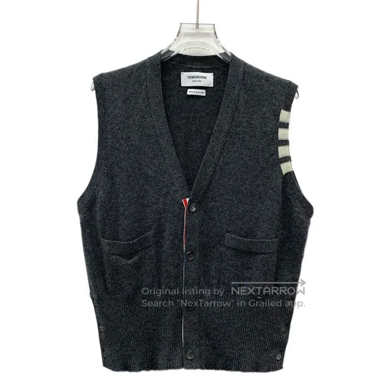 Thom Browne Thom Browne Classic dark gray four-row goat cashmere V-nec Size US M / EU 48-50 / 2 - 1 Thumbnail