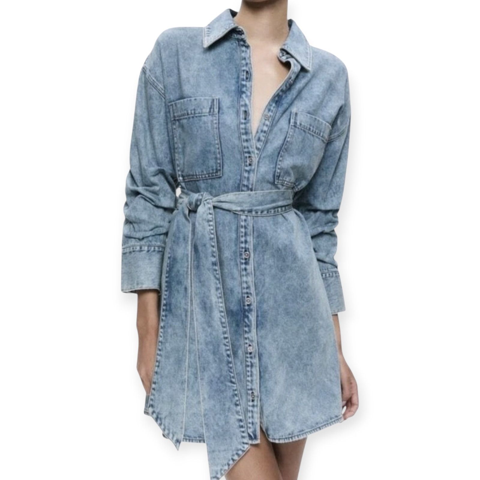 Alice + Olivia Alice + Olivia Belted Denim Mini Shirt Dress‎ Size L / US 10 / IT 46 - 2 Thumbnail