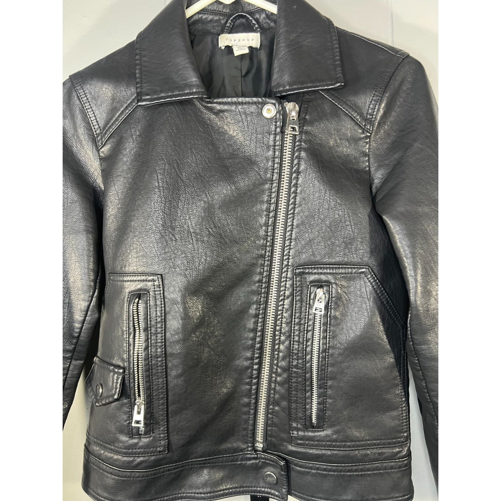 Topshop TOPSHOP Women’s Black Faux Leather Biker Jacket Motorcycle S Size XS / US 0-2 / IT 36-38 - 3 Thumbnail