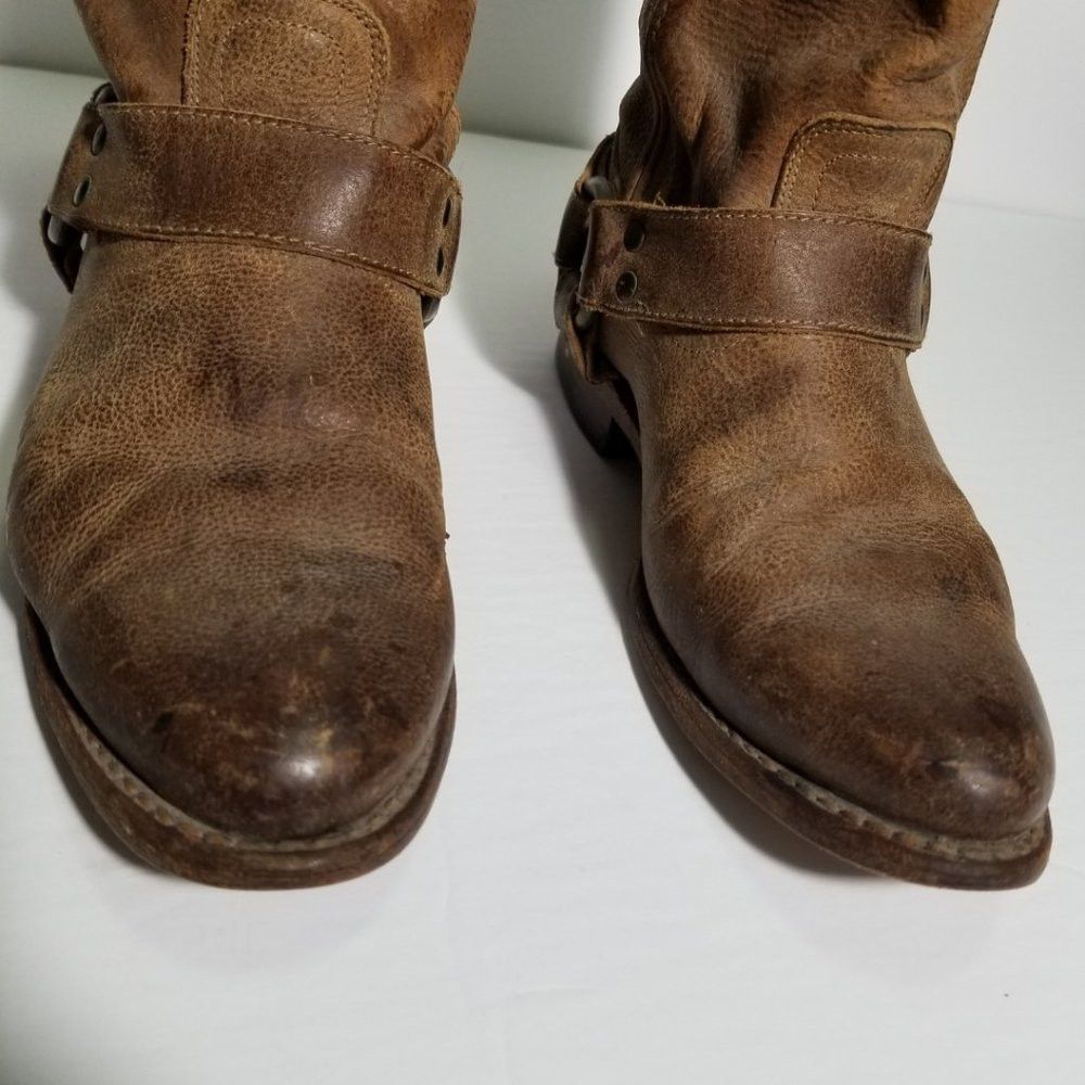 FRYE Brown Leather Wyatt Harness Mid Calf Cowboy Boots