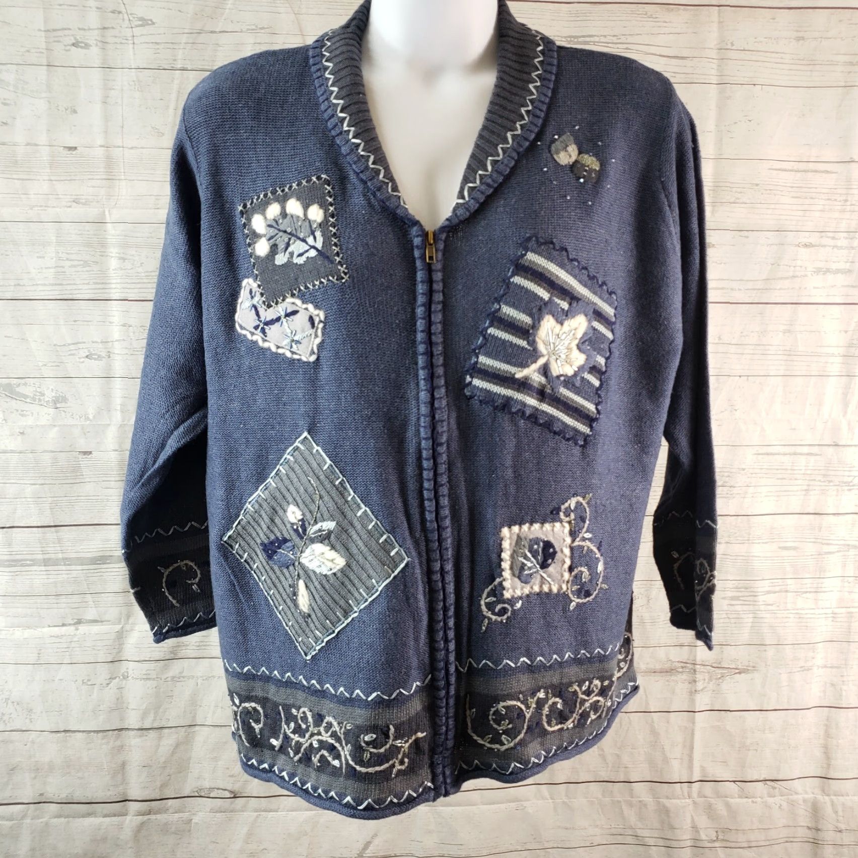 Vintage Susan Graver Graver Studio Womens Full Zip Sweater 2X Blue Gray Fall Leaves Cotton Blend Knit Long Sleeve Autumn Womens Size XXL / US 16-18 / IT 52-54 - 2 Thumbnail