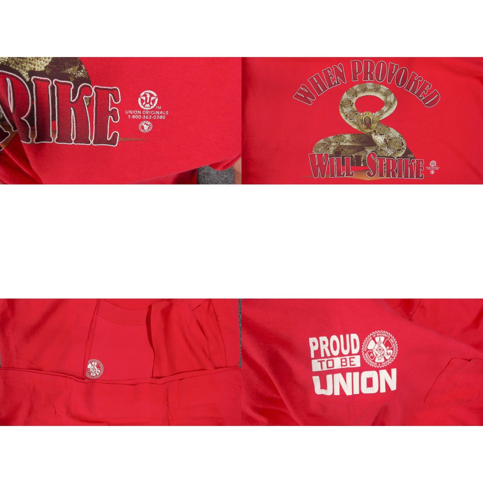 Vintage VINTAGE 90s Machinists Union Pocket T-Shirt Rattlesnake Strike Red Mens 2XL Single Size US XXL / EU 58 / 5 - 8 Thumbnail