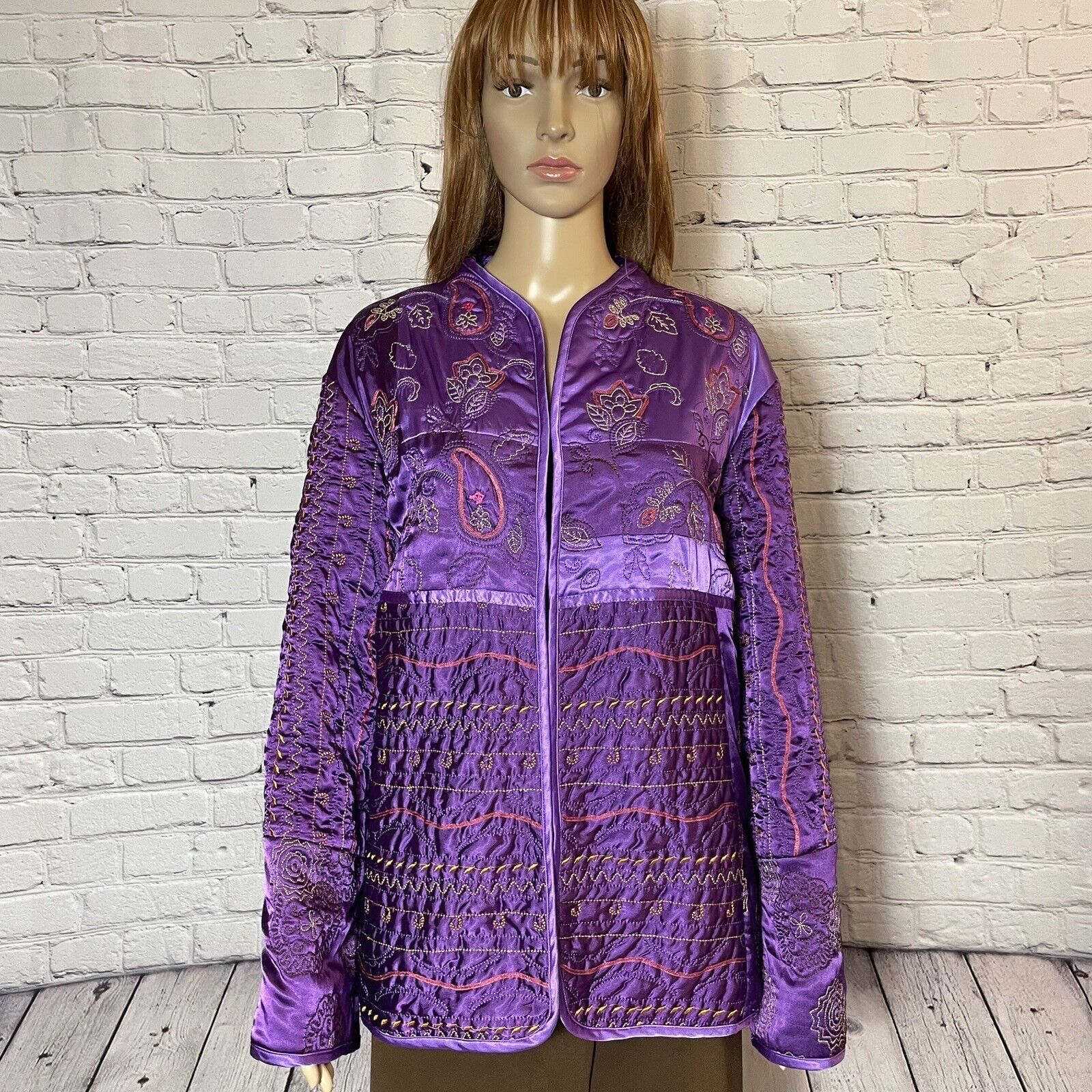 Other Diane Gilman Satin Purple Quilted Embroidered Jacket Size 1 Size XL / US 12-14 / IT 48-50 - 1 Thumbnail