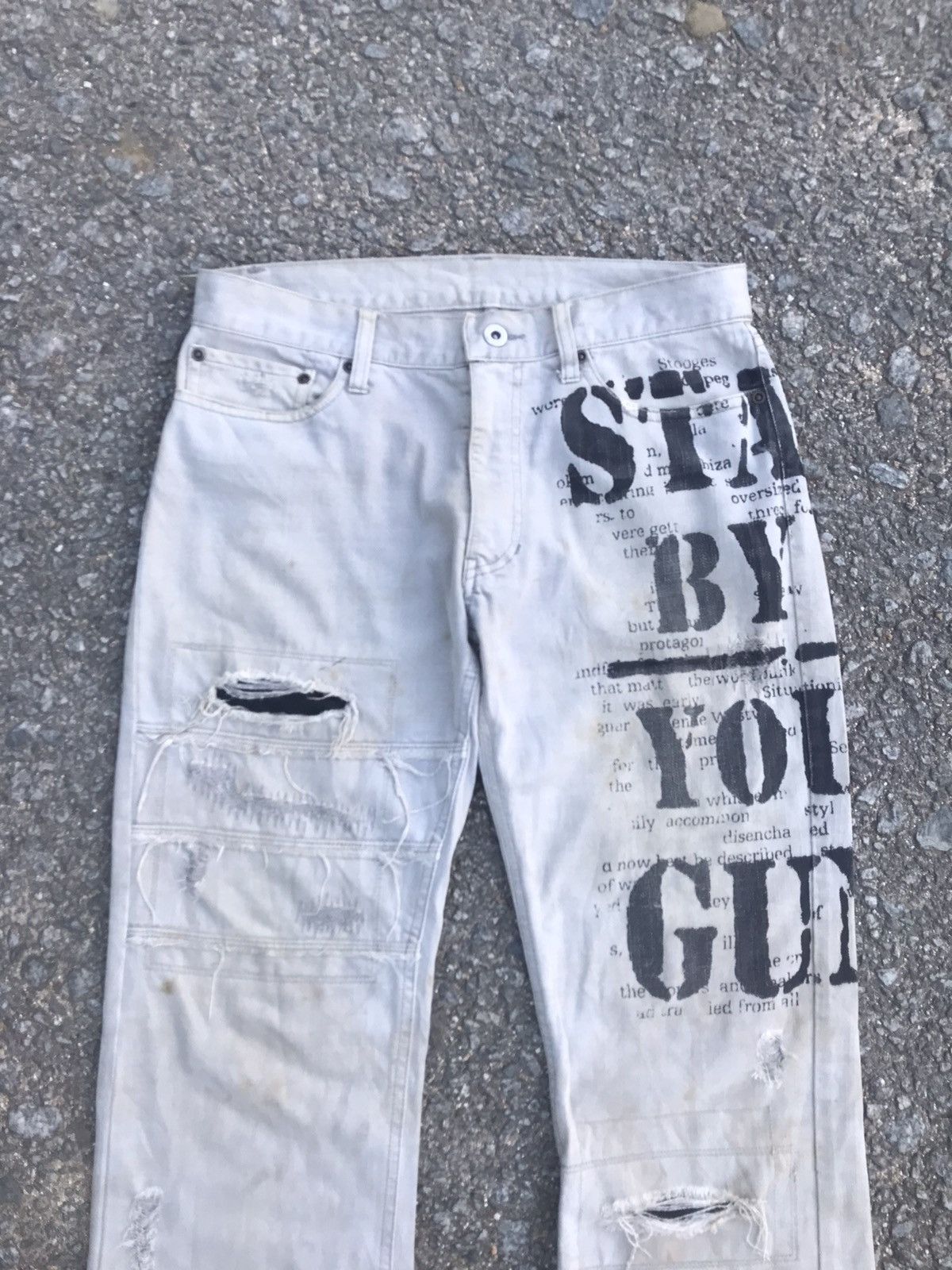 If Six Was Nine 🔥Flared🔥Distressed Denim Punk Graphic "Rocker Attitude" Size US 32 / EU 48 - 3 Thumbnail