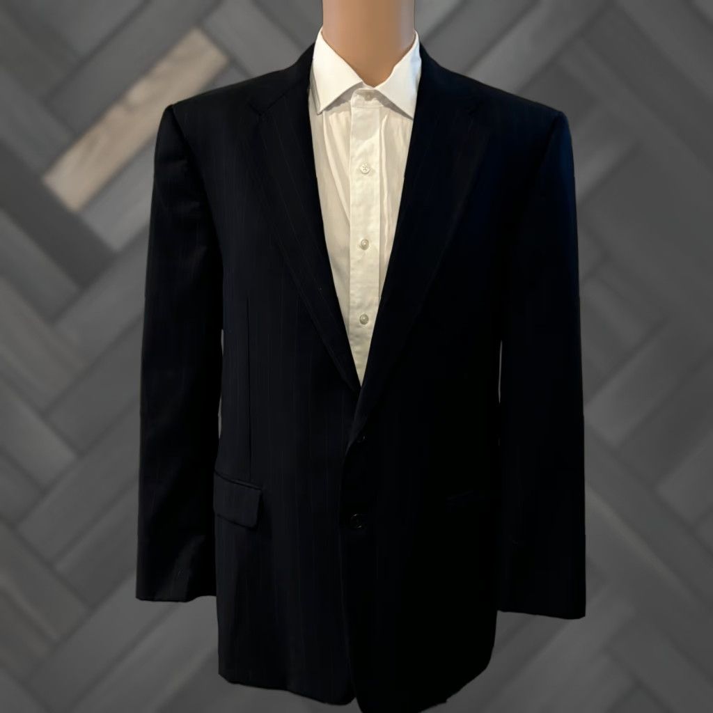 Vintage Hickey Freeman Loro Piana 100% Wool Black Striped Blazer Sport Jacket 44R Mens Blazer Regular Notch Two-Button Jacket Front Vented Size 44R - 1 Thumbnail