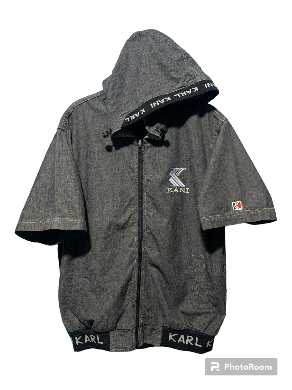 image of Jnco x Karl Kani Vintage Karl Kani Baggy Denim Short Sleeve Hoodie in Grey, Men's (Size XL)