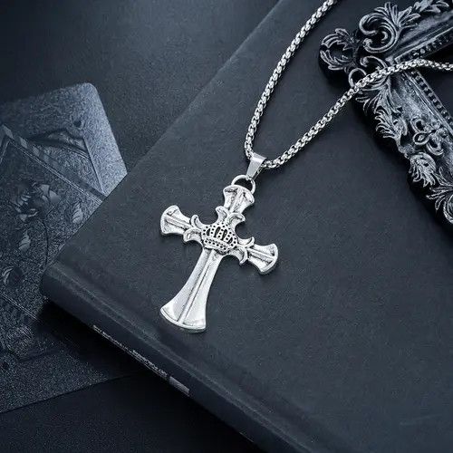 Jewelry Silver Crown Cross Pendant Necklace, Men's Religious Jewelry Size ONE SIZE - 5 Thumbnail