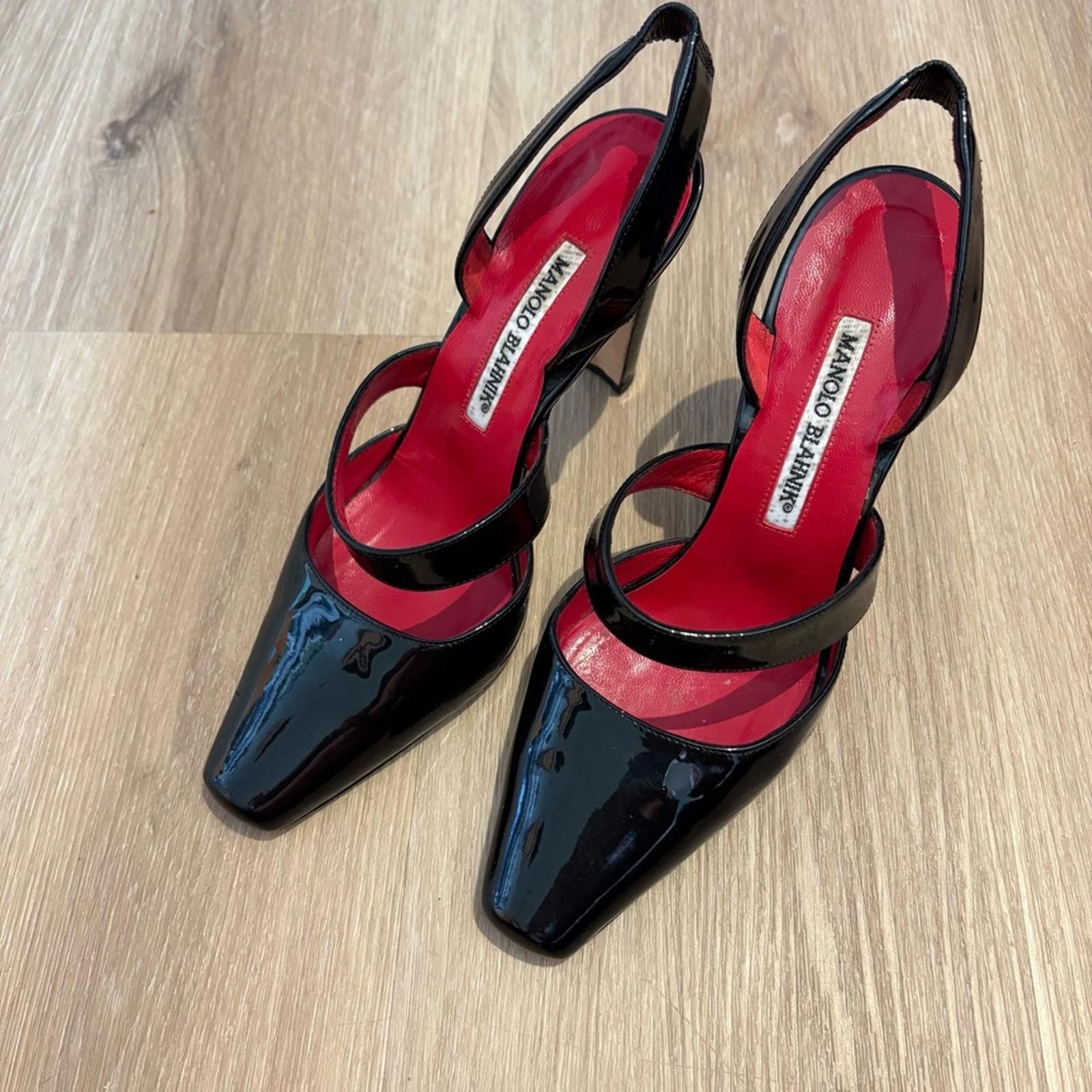 Manolo Blahnik Manolo Blahnik Black Patent Leather Slingback Heels Size US 7.5 / IT 37.5 - 1 Thumbnail