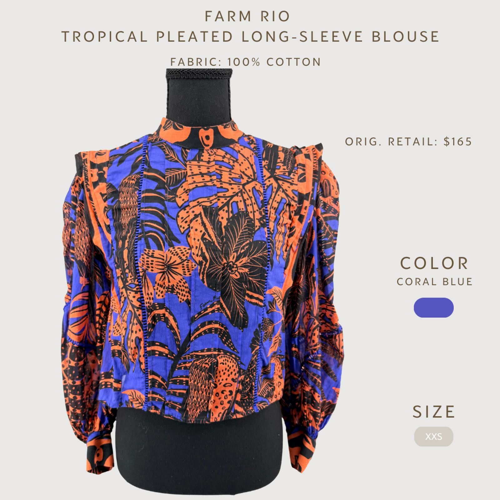 Farm Rio Farm Rio Tropical Pleated Cotton Blouse Coral Blue XXS Size XXS / US 00 / IT 34 - 2 Thumbnail