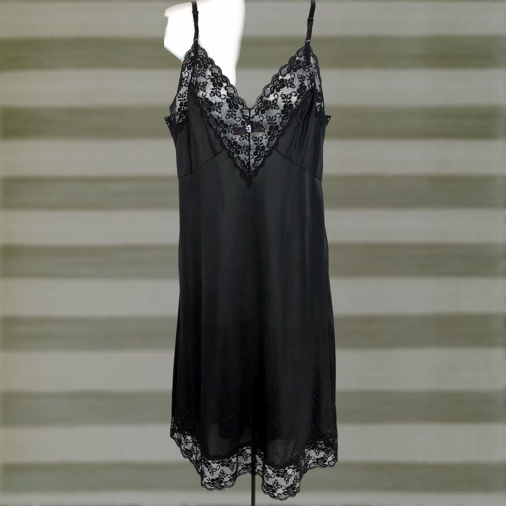 Vintage Vintage Slipfection Satin Lace Slip Lingerie Gown M Black 80s Whimsy Coquette Eveningwear Size ONE SIZE - 1 Thumbnail