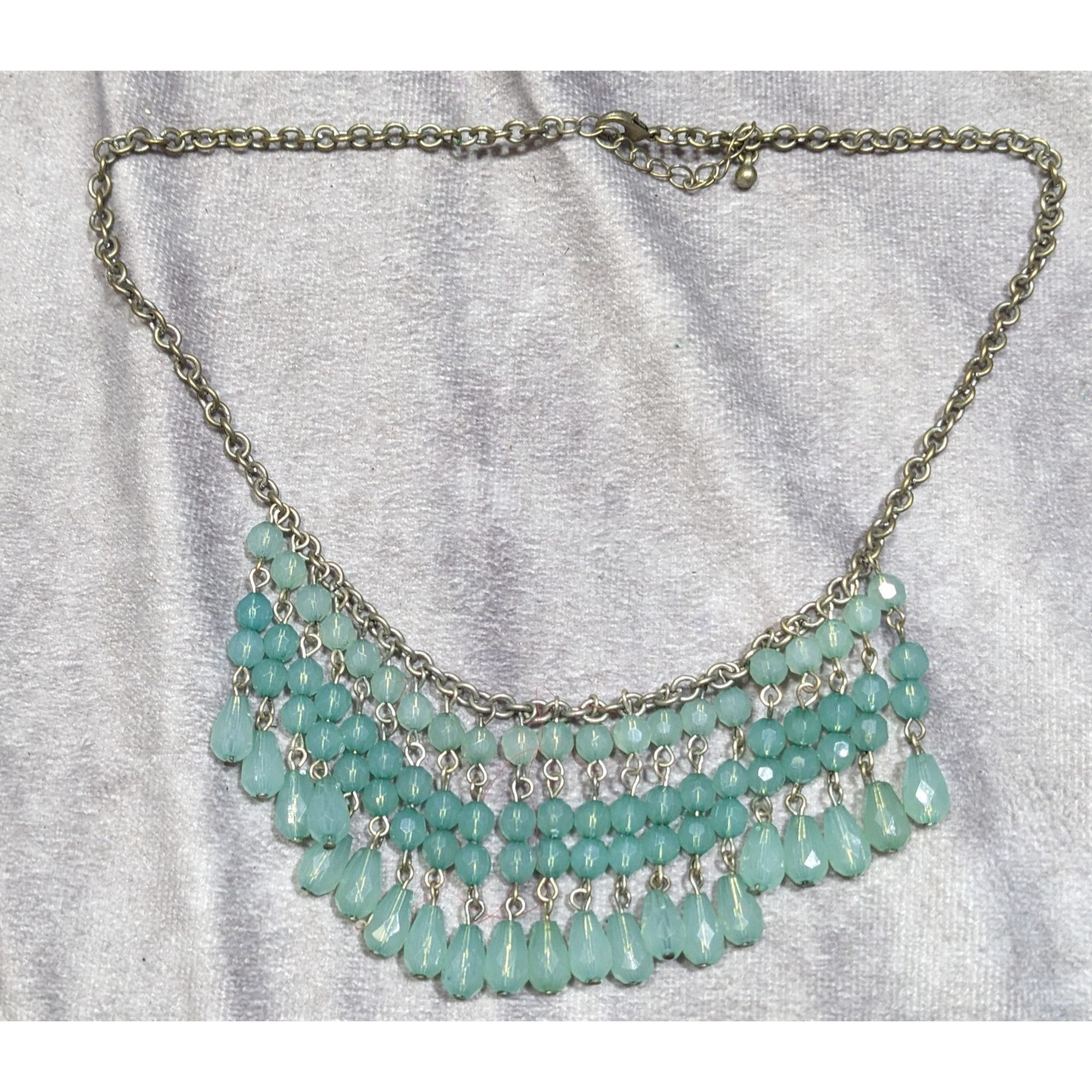 Other Bohemian Fringe Aqua Beaded Bib Necklace With Antiqued Gold Size ONE SIZE - 5 Thumbnail