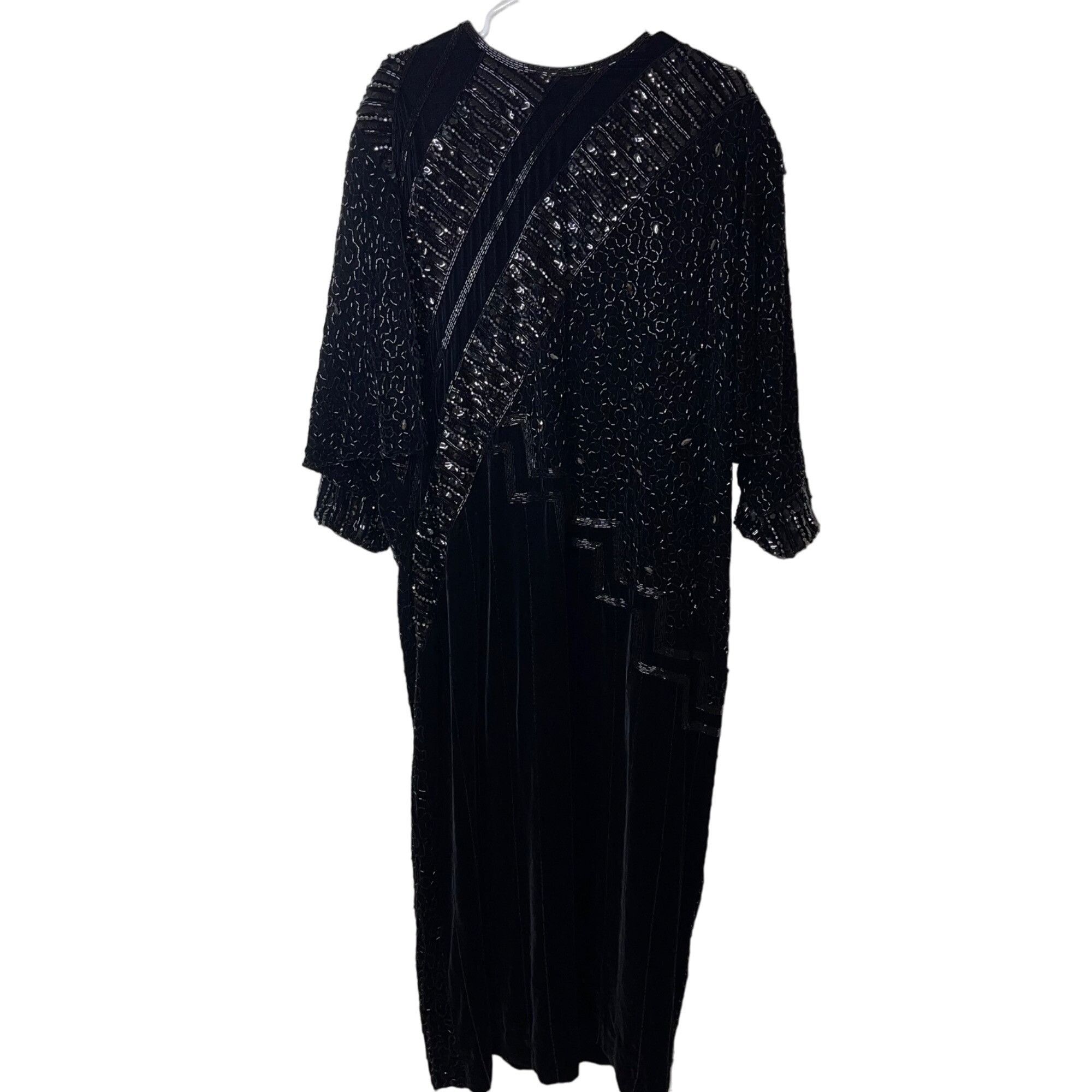 image of Vintage Womens Dress Size XL Black Velvet Beaded Sequin Maxi