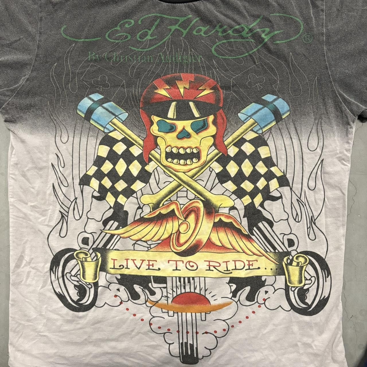 Vintage Crazy Vintage Y2K/2000s Ed Hardy Live to Ride Motorcycle Skull Graphic Tee! Size US M / EU 48-50 / 2 - 2 Thumbnail