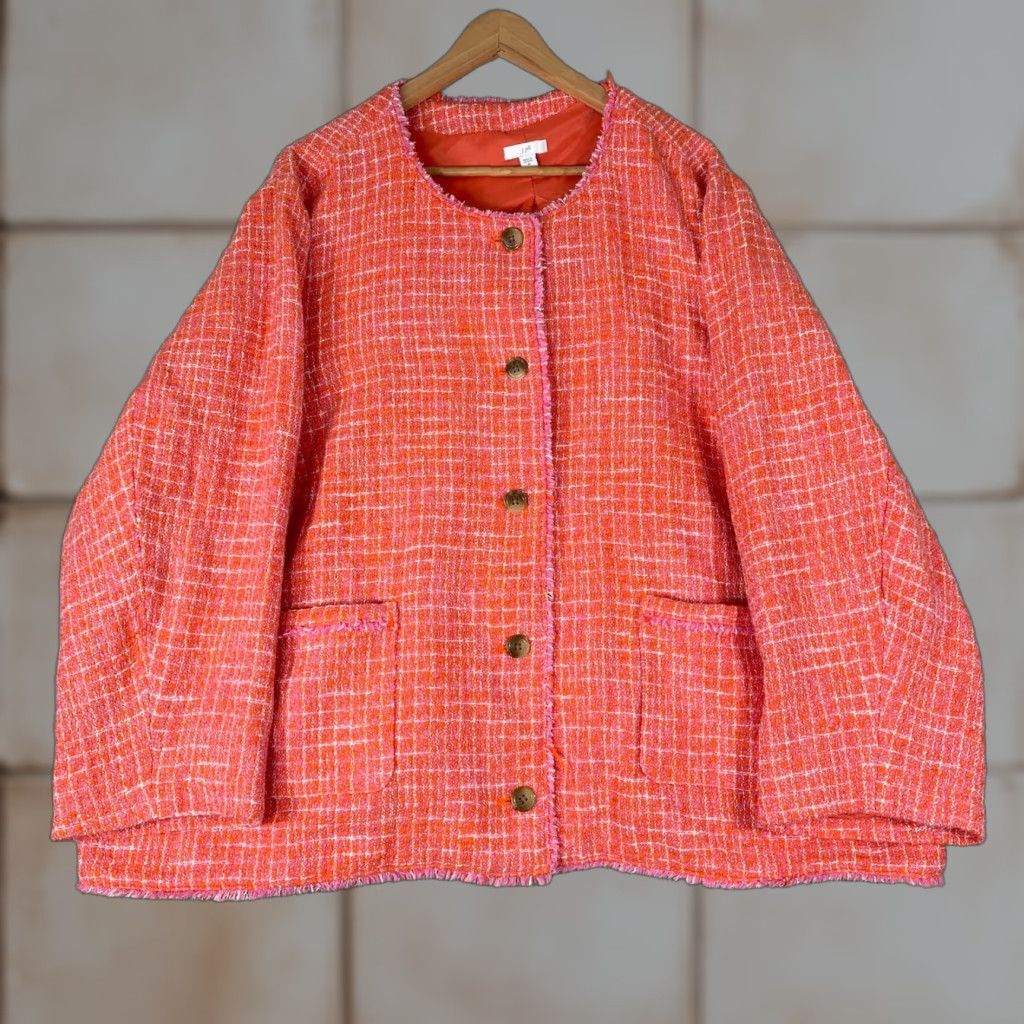 J. Jill VINTAGE J Jill Tweed Jacket Womens 4X Orange Pink Plaid Fringe Trim Button Front Coat Size XXL / US 16-18 / IT 52-54 - 1 Thumbnail