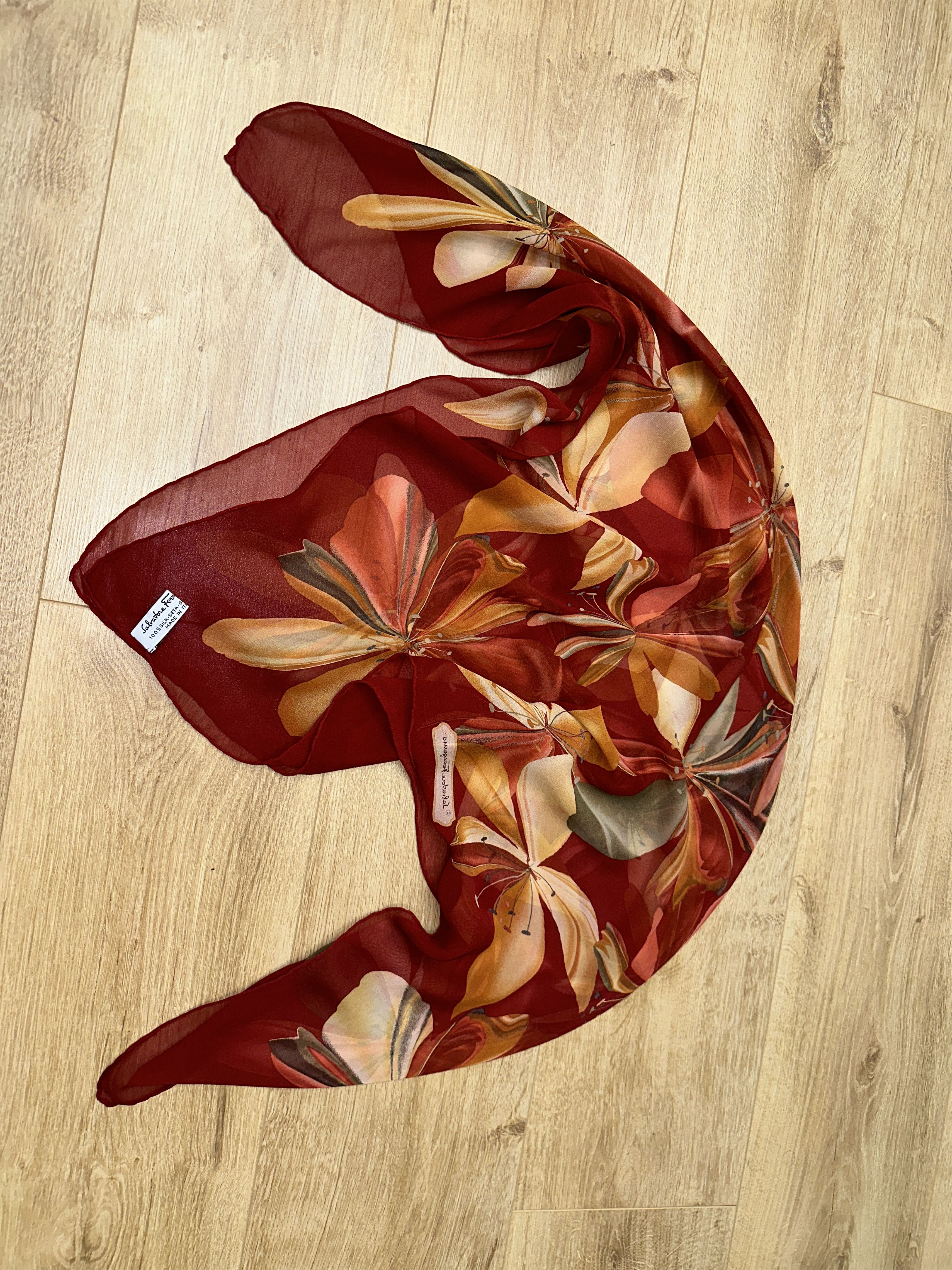 Salvatore Ferragamo Salvatore Ferragamo 100% Silk Floral Square Scarf Red 80cm Size ONE SIZE - 8 Thumbnail