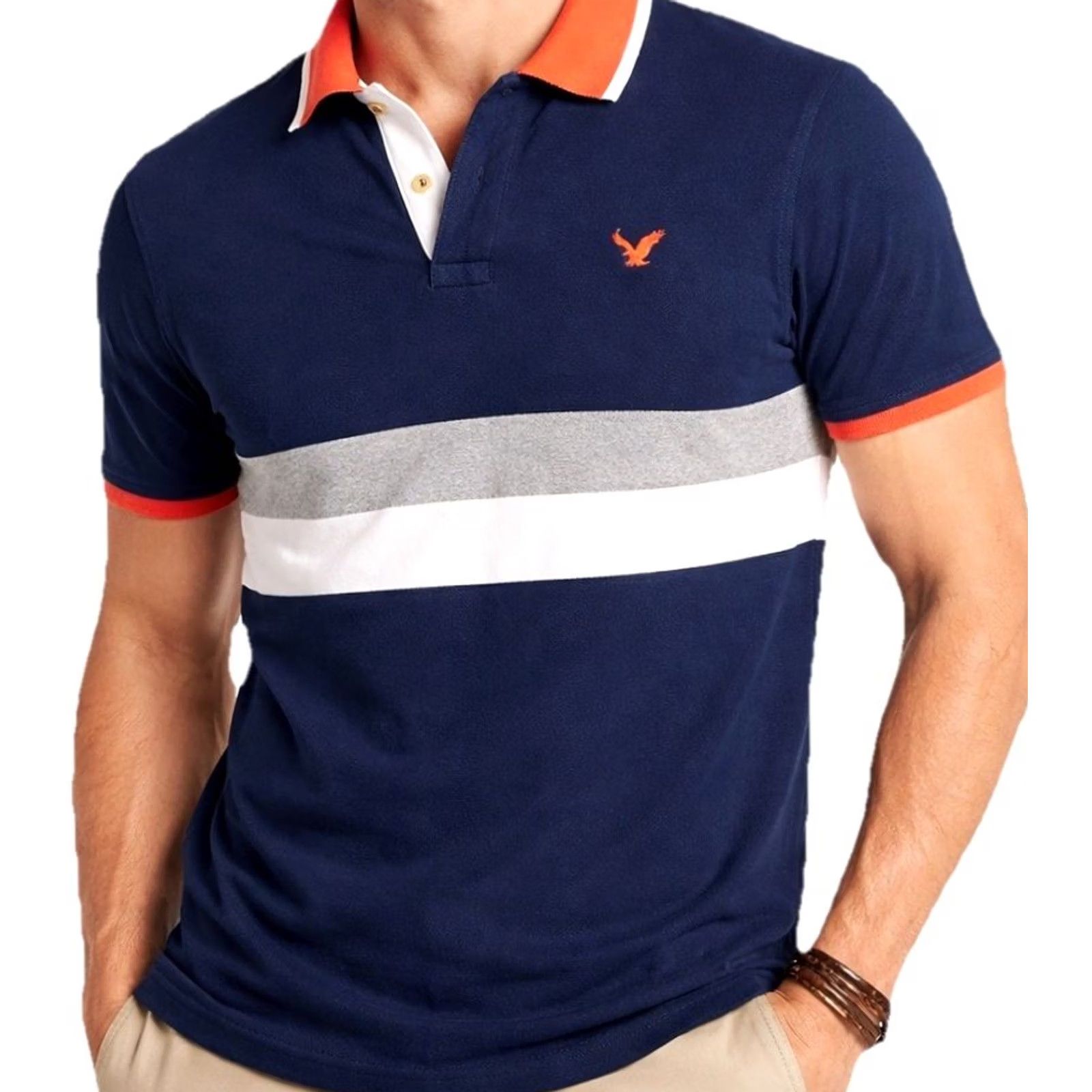 American Eagle Outfitters American Eagle Polo Shirt Mens M Navy Orange Stripe Classic Fit Cotton Preppy Size US M / EU 48-50 / 2 - 2 Thumbnail