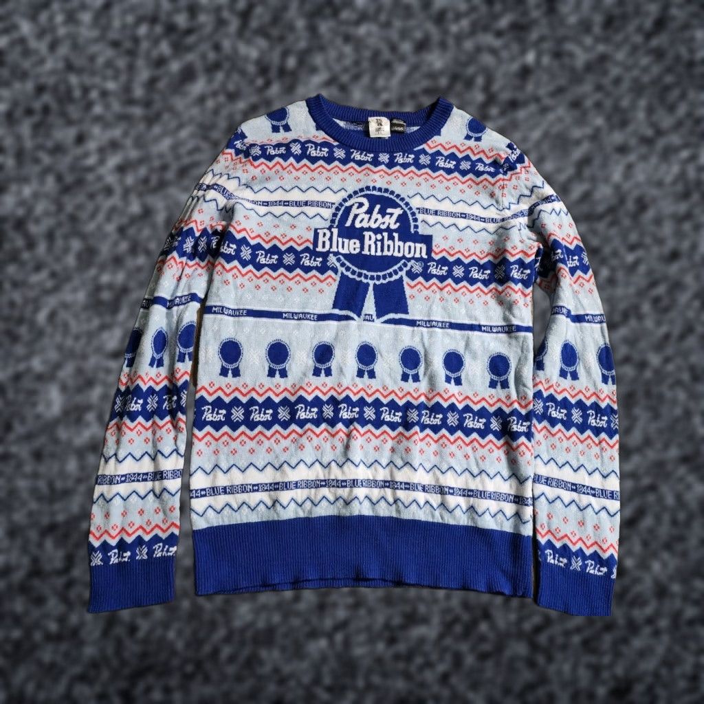 Vintage Womens Pabst Blue Ribbon Sweater Shirt All Over Print Pullover Christmas Ugly Knit Blue PBR Be er Size S / US 4 / IT 40 - 1 Thumbnail