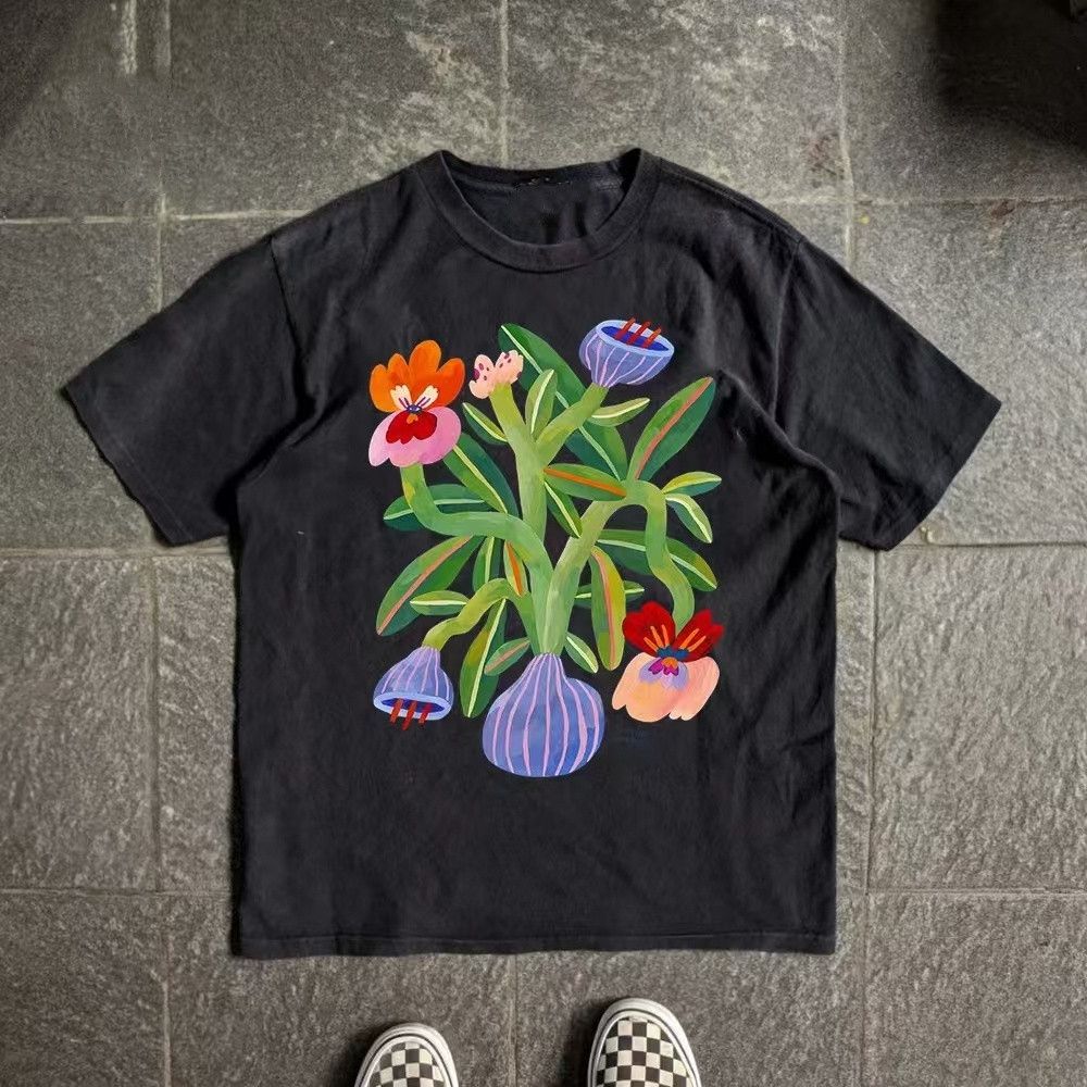 Japanese Brand × Vintage Black street fashion flower print loose t-shirt Size US M / EU 48-50 / 2 - 1 Thumbnail