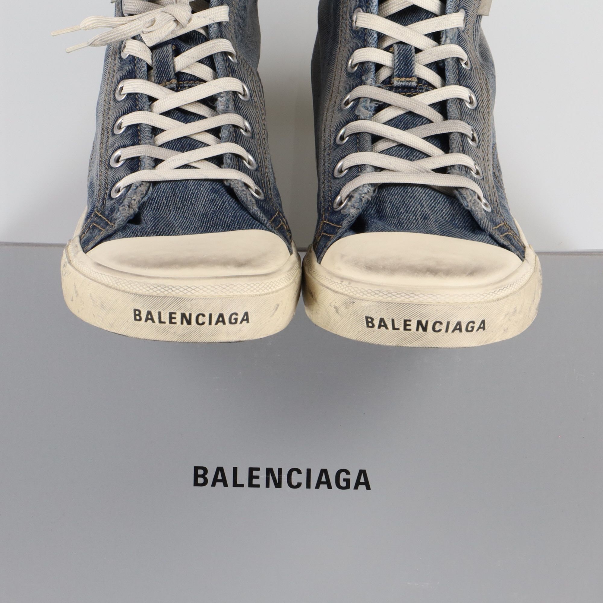 Balenciaga Blue Denim Paris 90's Logo Distressed Hi-Top Trainers Size US 10 / IT 40 - 7 Thumbnail