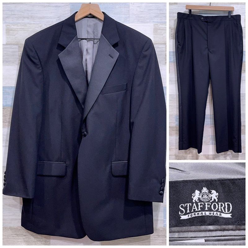Stafford Stafford 100% Wool Notch Collar Tuxedo Suit Black 44L 40x30 Size 44R - 1 Thumbnail