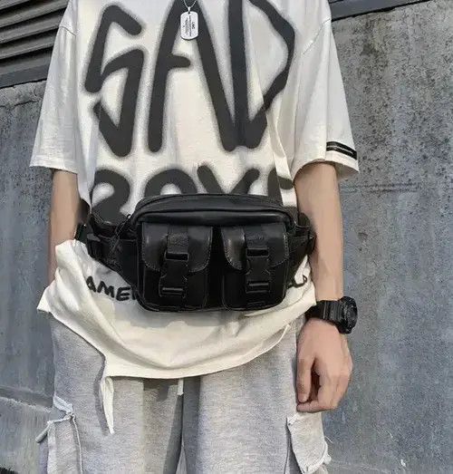 Y2K Side Shoulder Belt Fanny Pack Sling Bag Military in Black, Men's