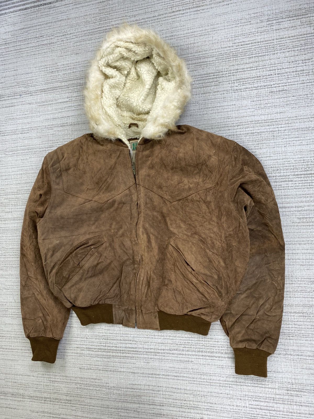Le Grande Bleu (L.G.B.) × Vintage Vtg Pacha Faux Fur Hoodie Lined Sherpa Bomber Leather Jacket Size US L / EU 52-54 / 3 - 4 Thumbnail