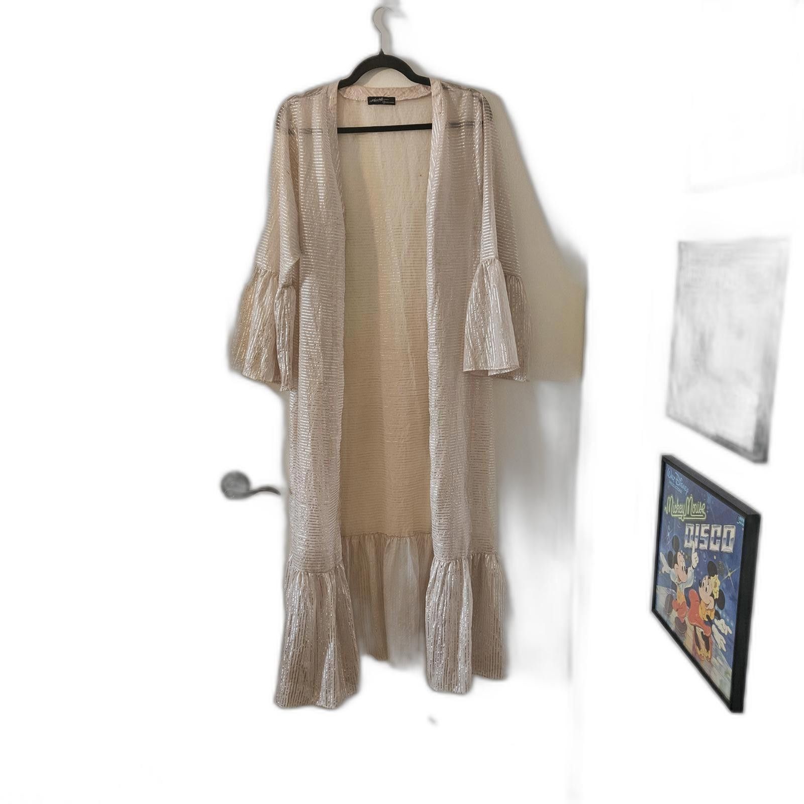 Designer Elegant Beige Striped Kimono Cardigan with Flared Sleeves Size XXL / US 16-18 / IT 52-54 - 2 Thumbnail