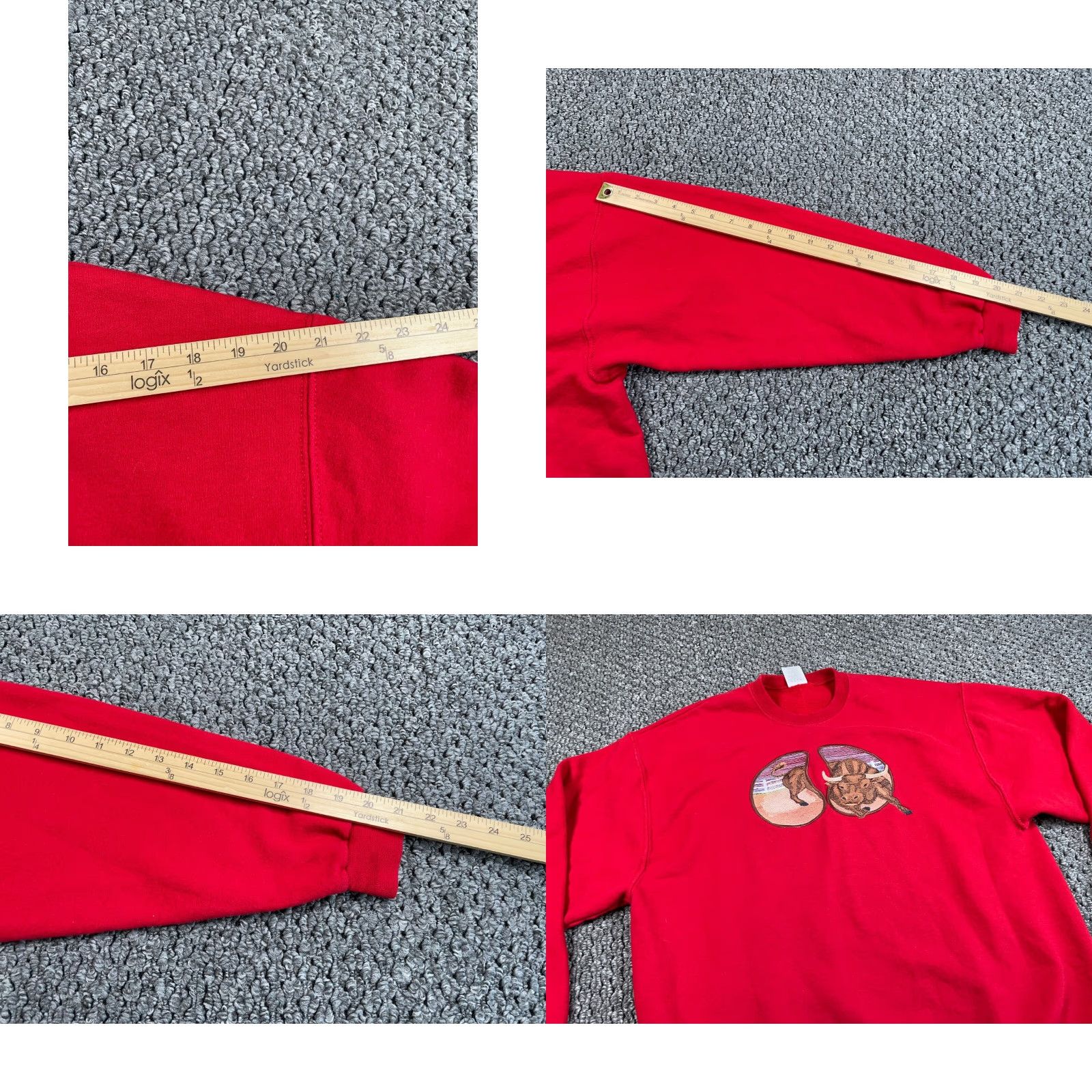 Jerzees VTG Jerzees Sweatshirt Crew Neck Red 50/50 Embroidered Bullfighting Graphic Print Adult Large Mens Retro 90s Size US L / EU 52-54 / 3 - 8 Thumbnail