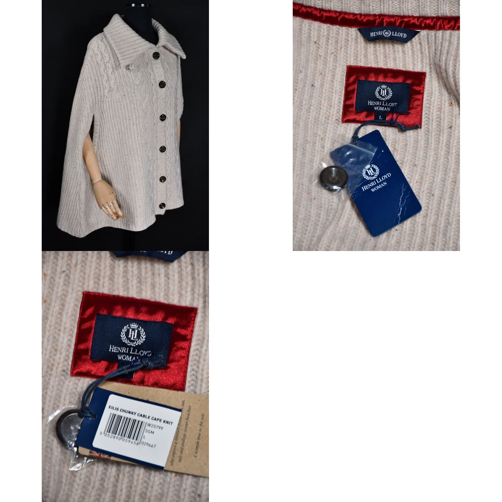 Henri Lloyd Henri Lloyd Eilis Chunky Cable Cape Knit Lambwool Women's Jumper L Ivory 100% Lambwool Cape 75 cm Back Length Womens Size 36" / US 14 / IT 50 - 8 Thumbnail