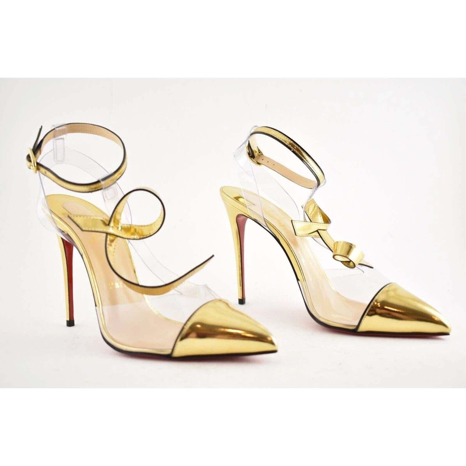 Christian Louboutin Alta Firma 100 Gold PVC T Strap Ankle Heel Sandal Pump 35 Size US 5 / IT 35 - 4 Thumbnail