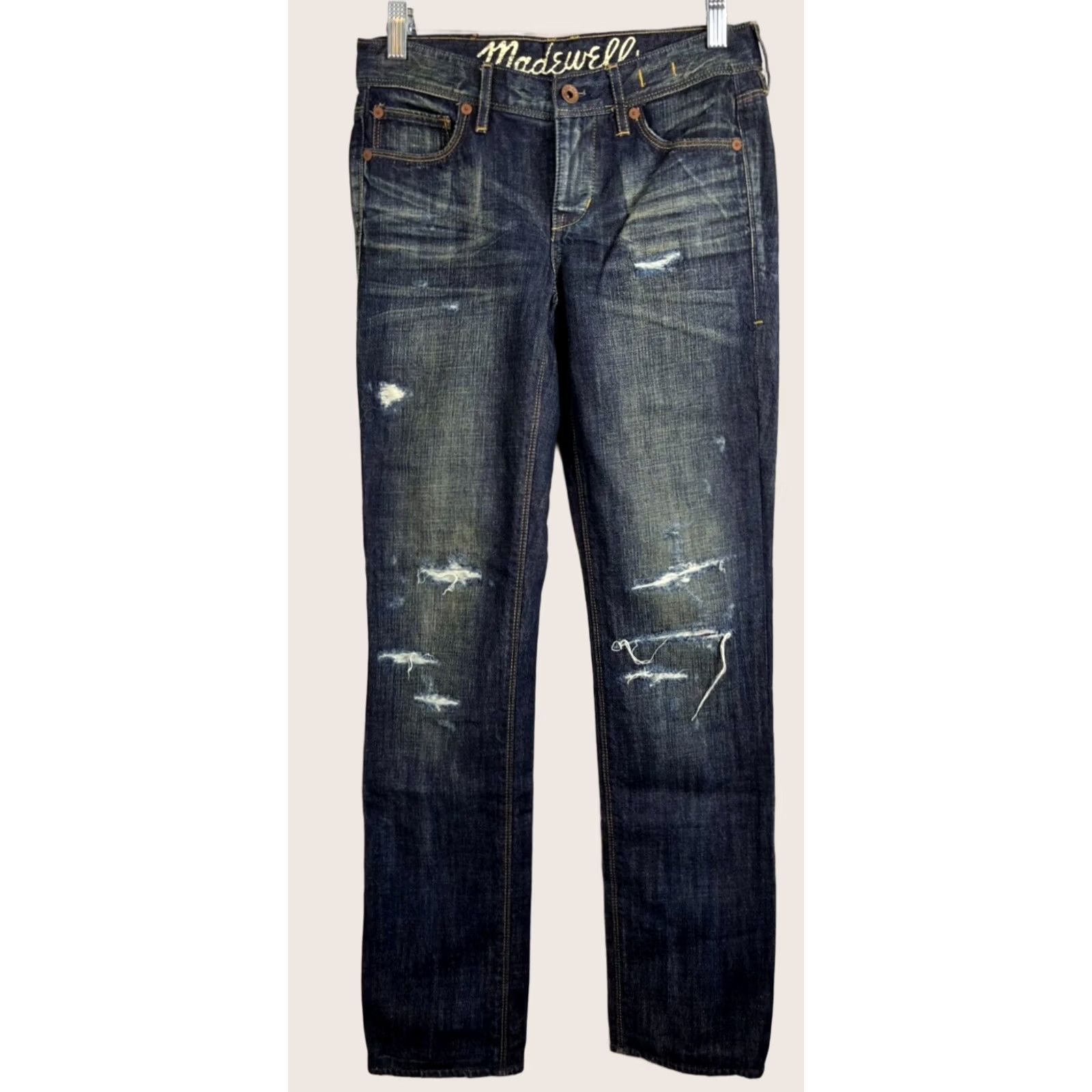 Madewell Madewell Rail Straight Jeans Distressed Dark Wash Women 24x34 Blue Denim Size 42" / US 20 - 1 Thumbnail