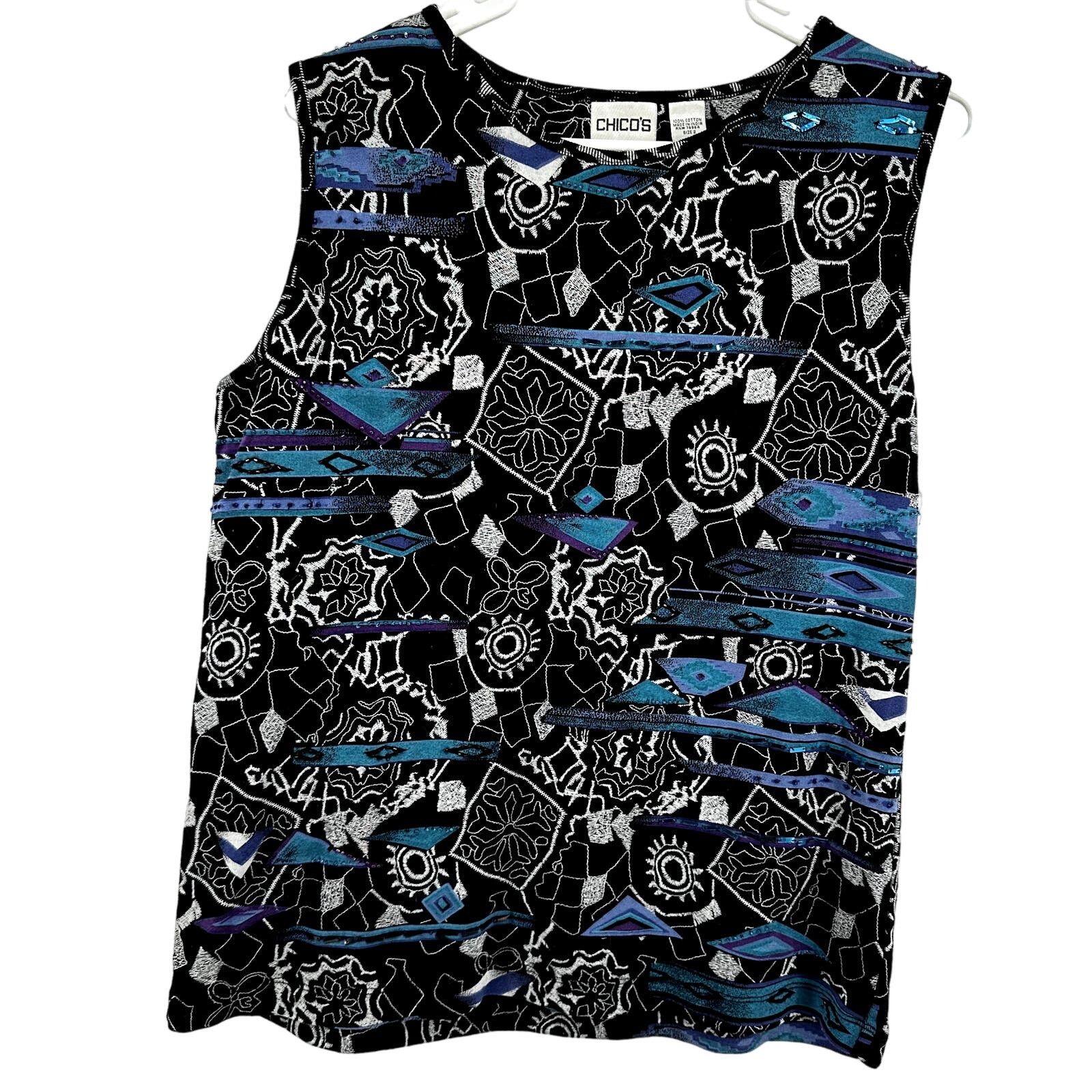 Chicos Chico's Abstract Print Tank Top Sequin Black Blue 2 Large Size L / US 10 / IT 46 - 1 Thumbnail